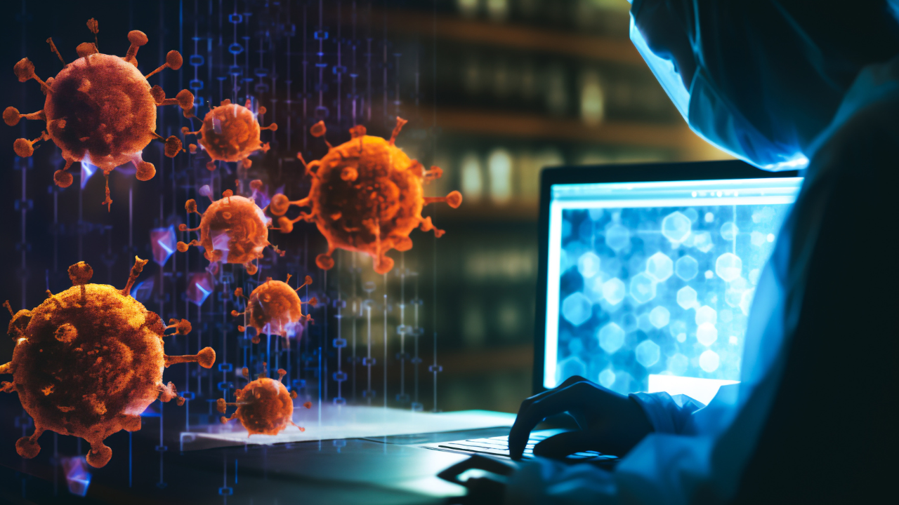 a scientist is sitting in front of a computer screen, COVID-19 particles Generative AI. Image Credit: Adobe Stock Images/catalin