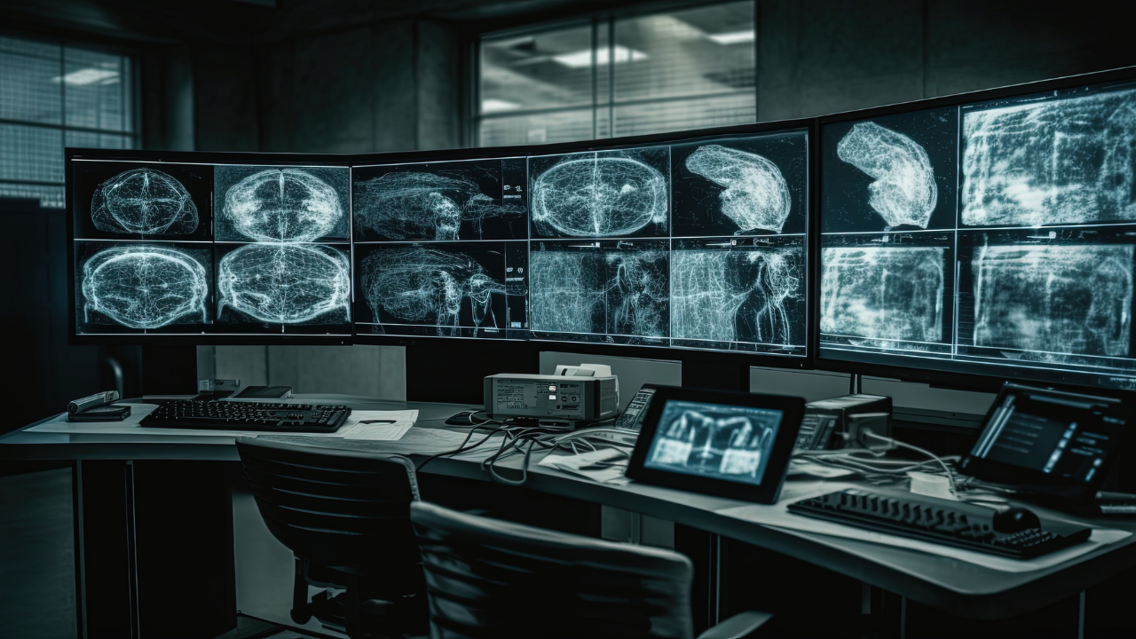 Examination of the brain on a large monitor. Clinical study of brain diseases. Concept of scientific research in medicine. X-ray examination of the brain. Science, Medical technology. Generative AI. Image Credit: Adobe Stock Images/Nadia
